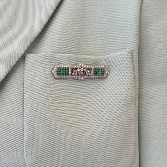 J.E. Caldwell Art Deco Platinum Diamond & Emerald Brooch on pocket