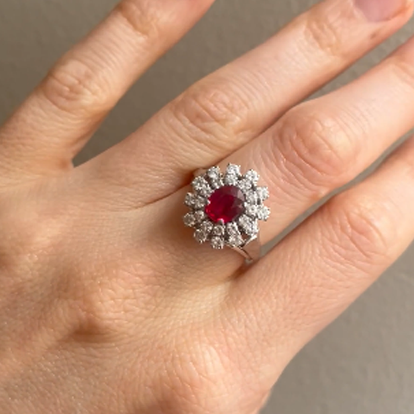 Post-1980s 18KT White Gold Ruby & Diamond Ring on finger