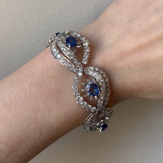 Cartier France 1950s Platinum Sapphire & Diamond Bracelet on wrist