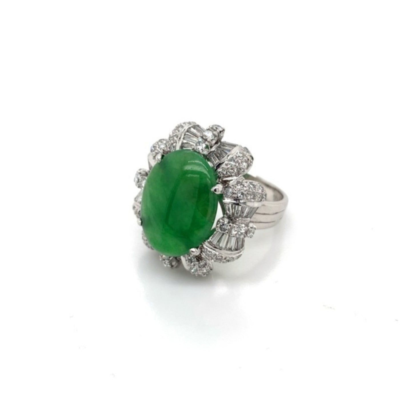 Post-1980s 14KT White Gold Jade & Diamond Ring front