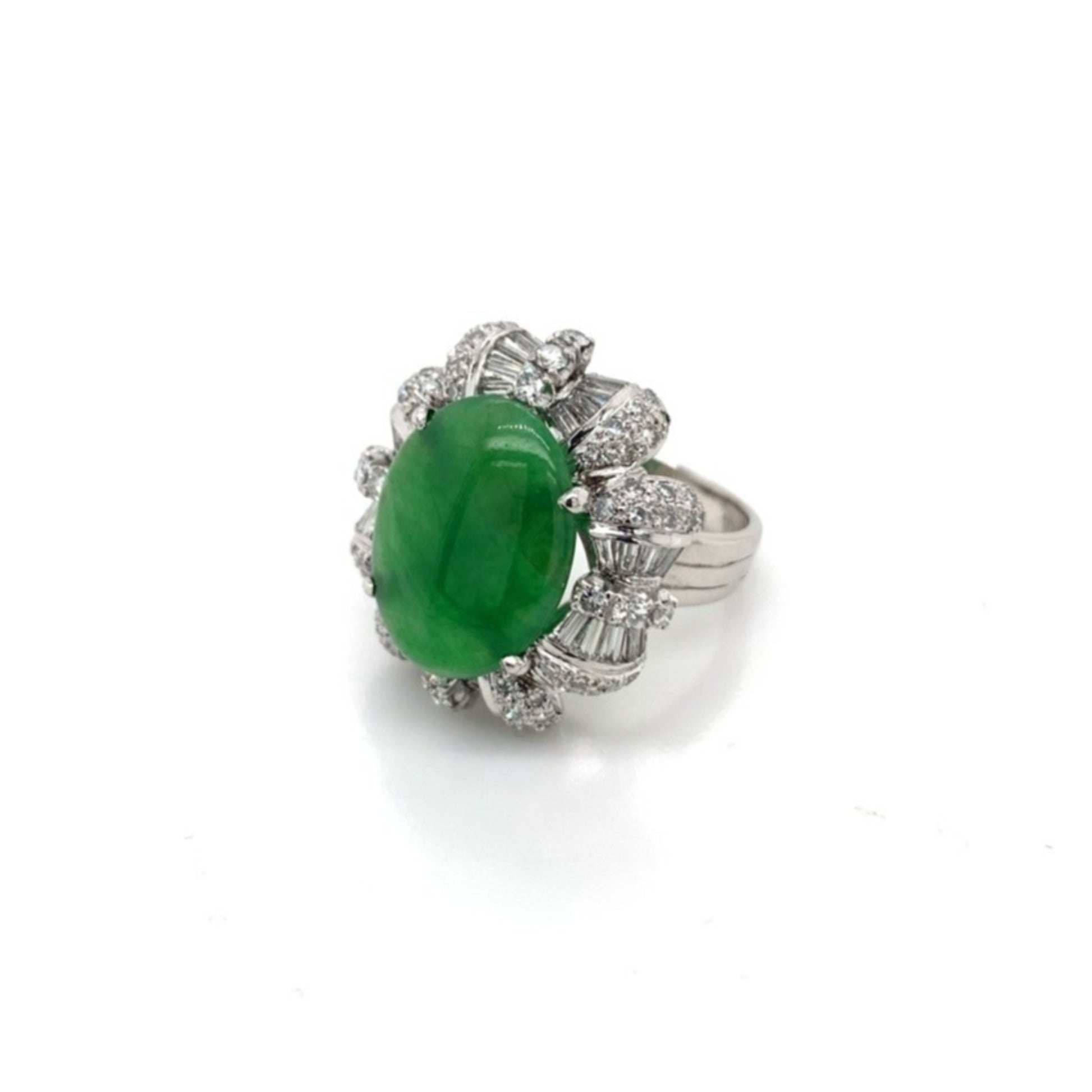 Post-1980s 14KT White Gold Jade & Diamond Ring front