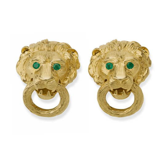 Van Cleef & Arpels 1960s 18KT Yellow Gold Emerald Lion Door Knocker Earrings front