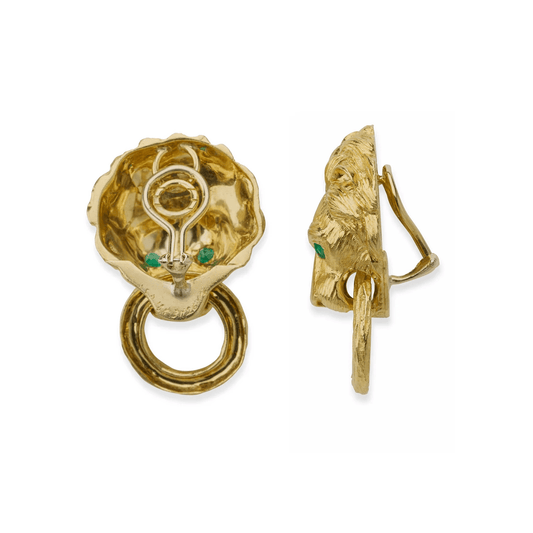 Van Cleef & Arpels 1960s 18KT Yellow Gold Emerald Lion Door Knocker Earrings back and side