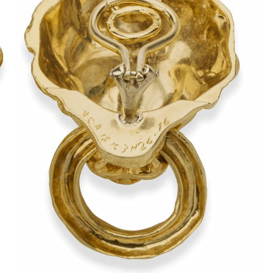 Van Cleef & Arpels 1960s 18KT Yellow Gold Emerald Lion Door Knocker Earrings signature