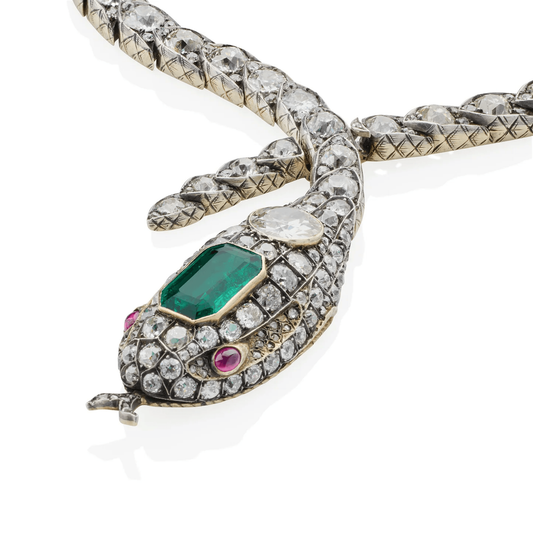 Victorian Silver & 18KT Yellow Gold Emerald, Diamond & Ruby Serpent Necklace close-up details