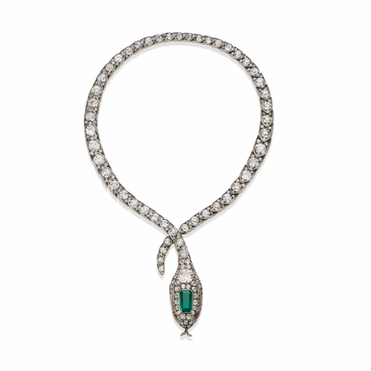 Victorian Silver & 18KT Yellow Gold Emerald, Diamond & Ruby Serpent Necklace front