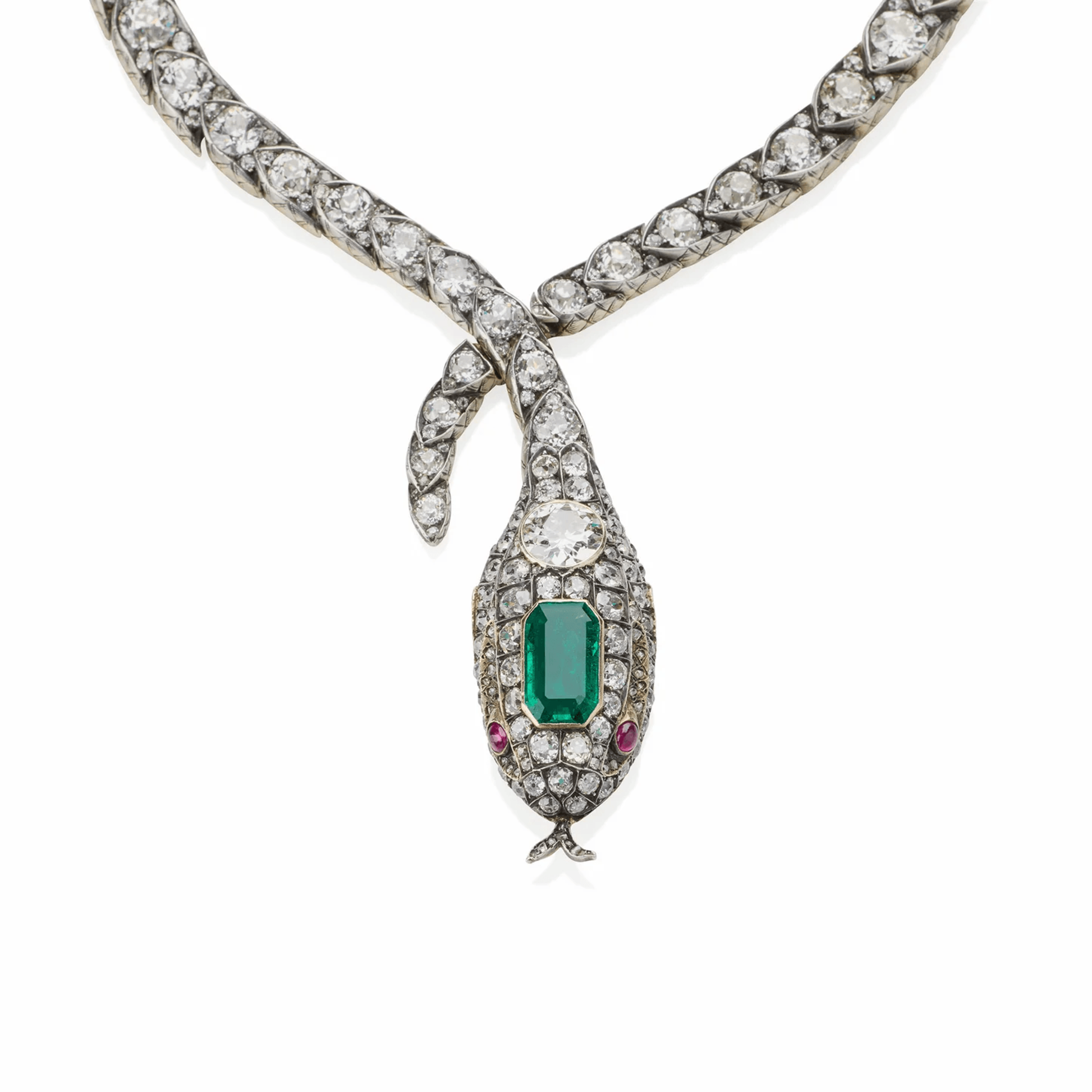 Victorian Silver & 18KT Yellow Gold Emerald, Diamond & Ruby Serpent Necklace front