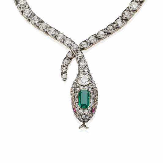 Victorian Silver & 18KT Yellow Gold Emerald, Diamond & Ruby Serpent Necklace front