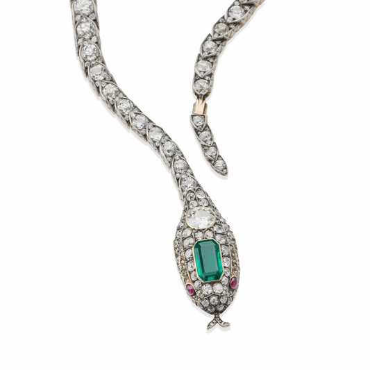 Victorian Silver & 18KT Yellow Gold Emerald, Diamond & Ruby Serpent Necklace front