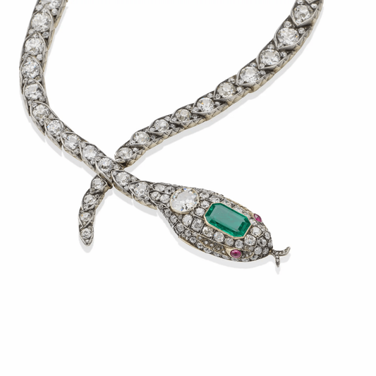 Victorian Silver & 18KT Yellow Gold Emerald, Diamond & Ruby Serpent Necklace front