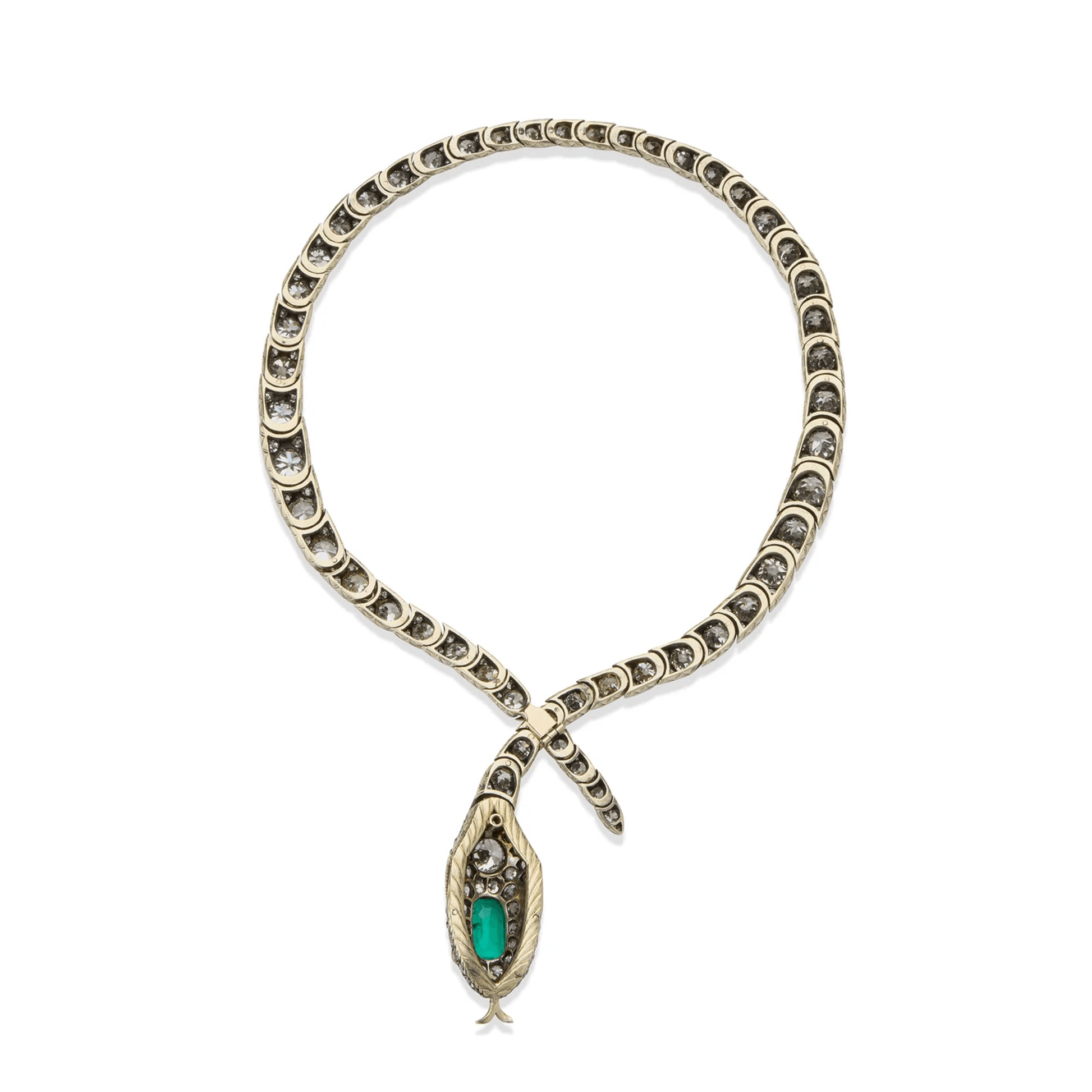 Victorian Silver & 18KT Yellow Gold Emerald, Diamond & Ruby Serpent Necklace back