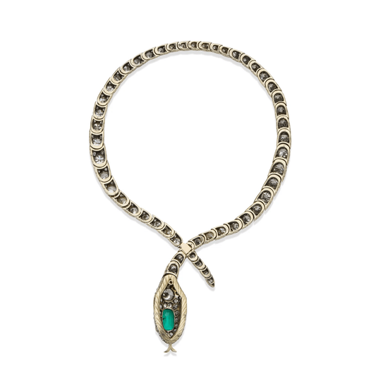 Victorian Silver & 18KT Yellow Gold Emerald, Diamond & Ruby Serpent Necklace back