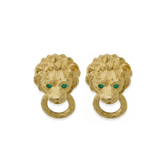 Van Cleef & Arpels 1960s 18KT Yellow Gold Emerald Lion Door Knocker Earrings front