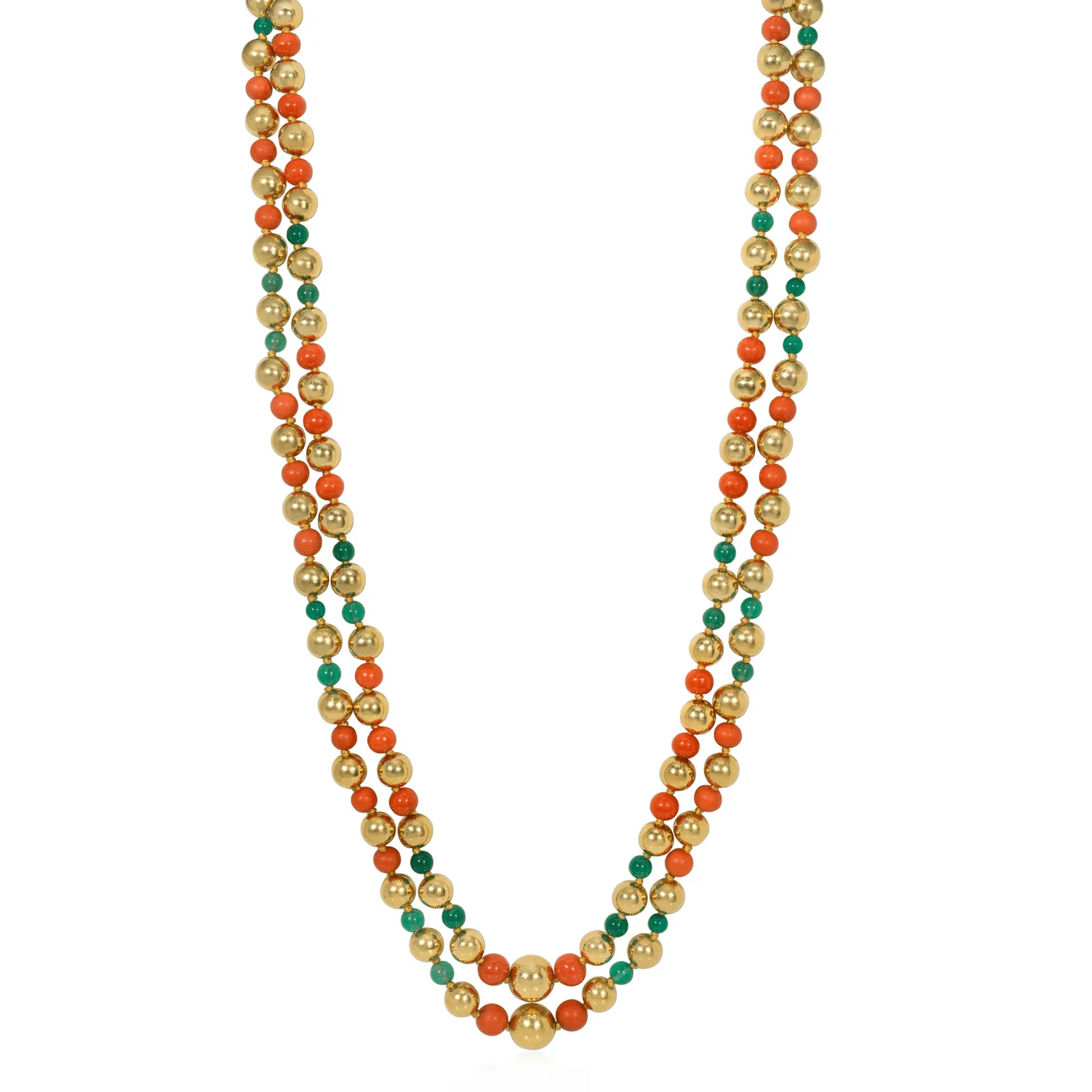 Cartier Paris 1970s 18KT Yellow Gold Coral & Chrysoprase Necklace front