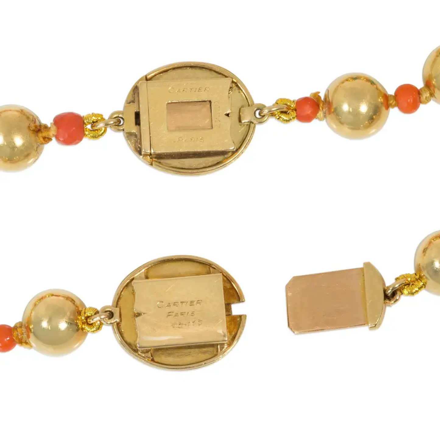 Cartier Paris 1970s 18KT Yellow Gold Coral & Chrysoprase Necklace signature