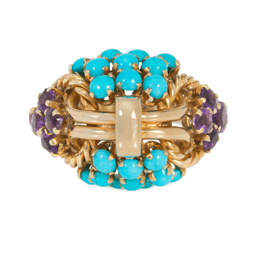 Boucheron Paris 1960s 18KT Yellow Gold Turquoise & Amethyst Ring front