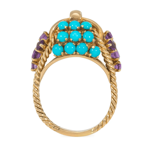 Boucheron Paris 1960s 18KT Yellow Gold Turquoise & Amethyst Ring profile