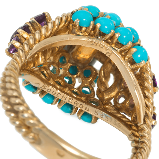 Boucheron Paris 1960s 18KT Yellow Gold Turquoise & Amethyst Ring signature