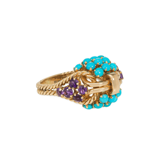 Boucheron Paris 1960s 18KT Yellow Gold Turquoise & Amethyst Ring side