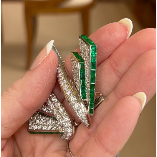 Drayson London 1930s Platinum Emerald & Diamond Double Clips front