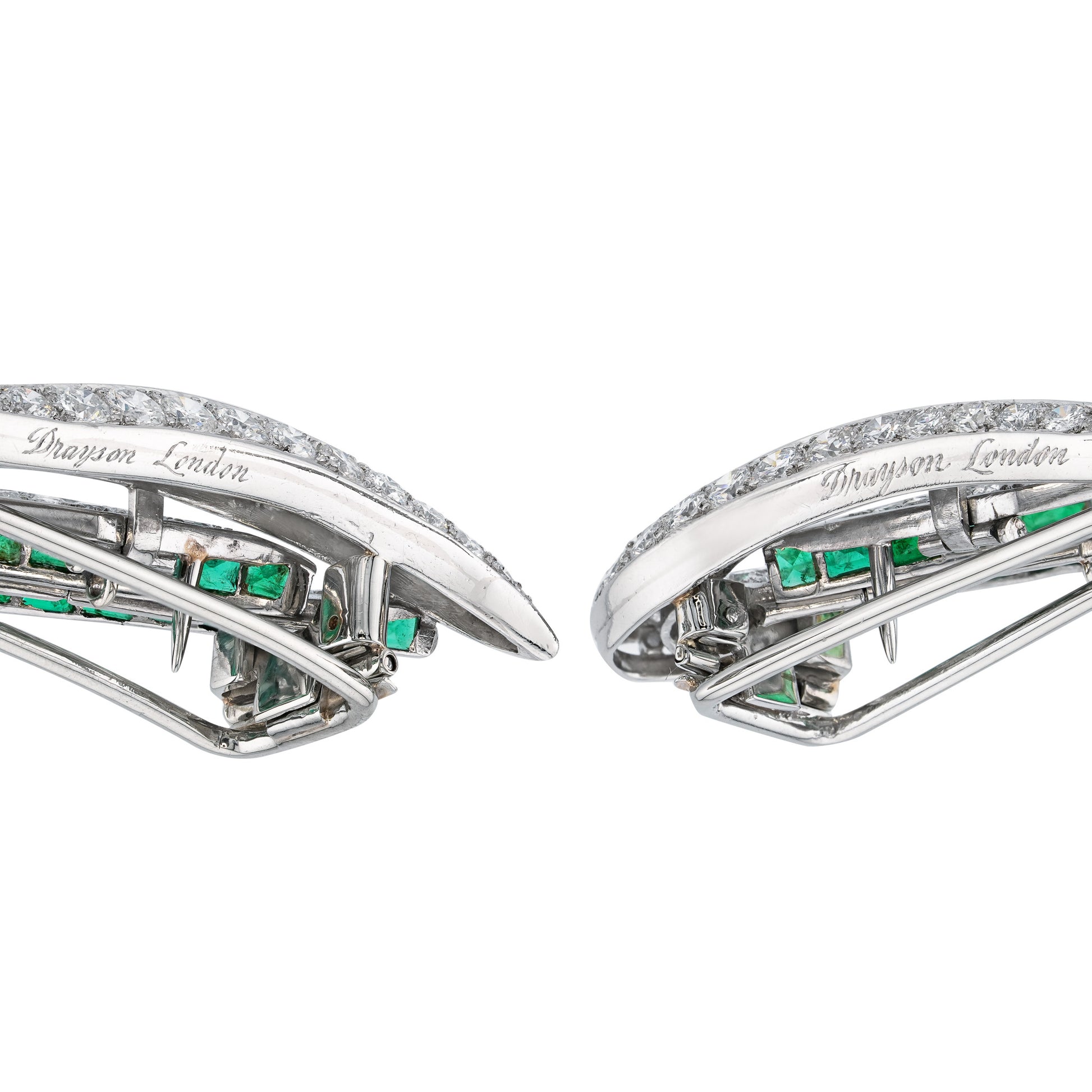 Drayson London 1930s Platinum Emerald & Diamond Double Clips back