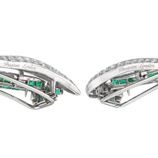 Drayson London 1930s Platinum Emerald & Diamond Double Clips back