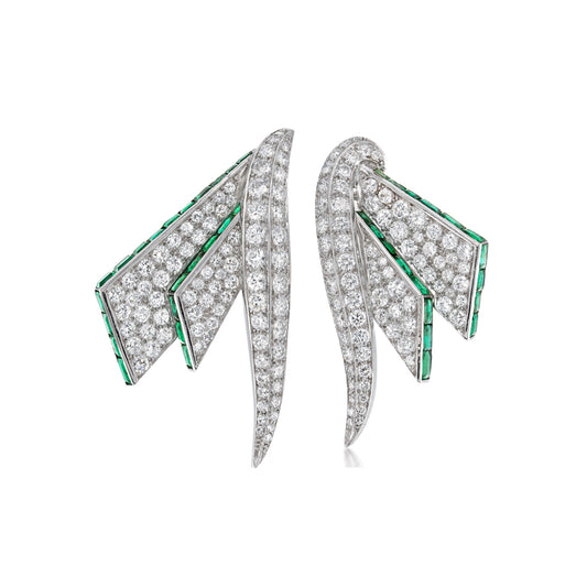 Drayson London 1930s Platinum Emerald & Diamond Double Clips front