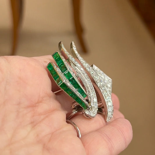 Drayson London 1930s Platinum Emerald & Diamond Double Clips front