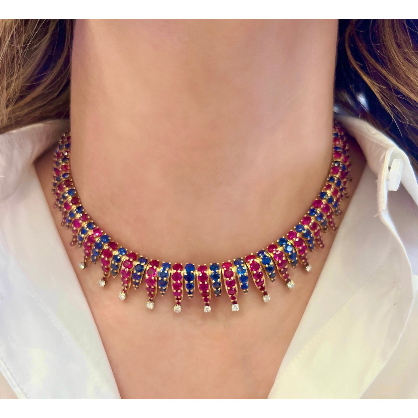 Retro 18KT Rose Gold Ruby, Diamond & Sapphire Necklace on neck