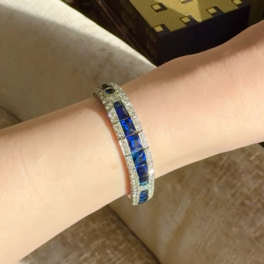 Art Deco Platinum Sapphire & Diamond Bracelet on wrist