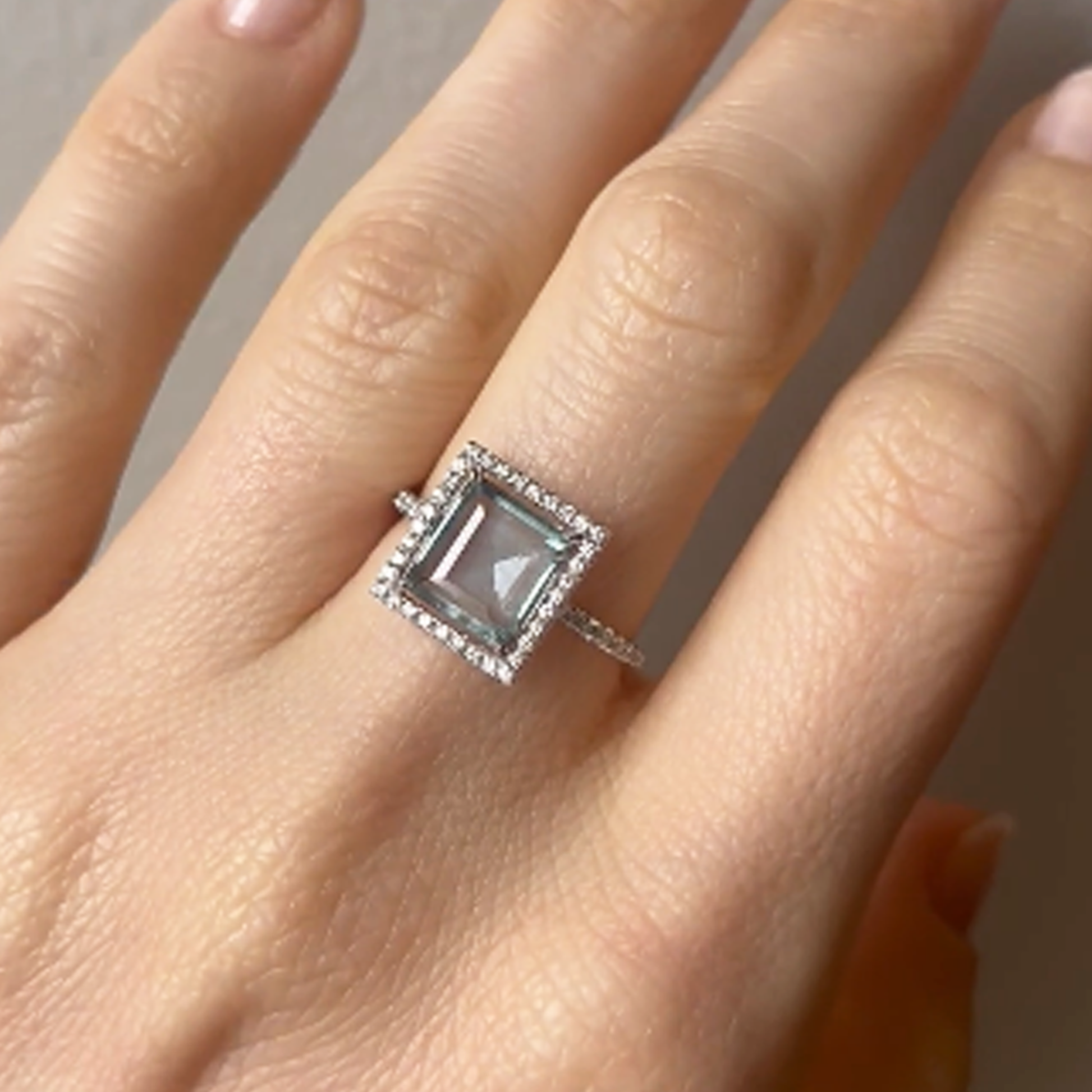 Post-1980s Platinum Sapphire & Diamond Ring on finger