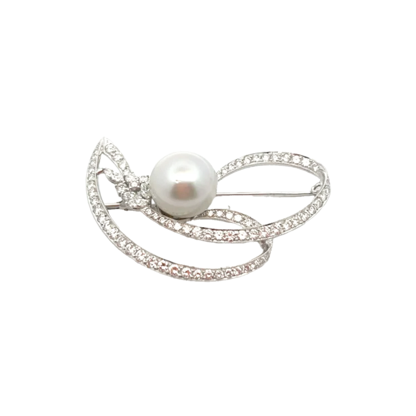 Post-1980s Platinum Cultured Pearl & Diamond Brooch front