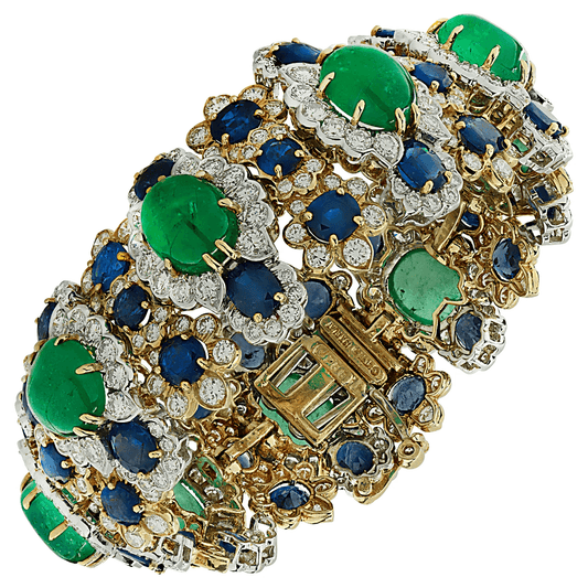 David Webb Post-1980s Platinum & 18KT Yellow Gold Emerald, Diamond & Sapphire Bracelet front