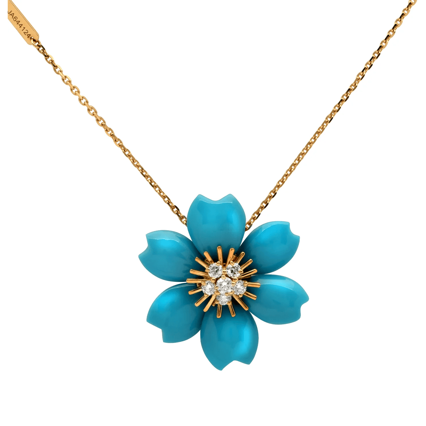 Van Cleef & Arpels Post-1980s 18KT Yellow Gold Turquoise & Diamond Rose de Noël Necklace front