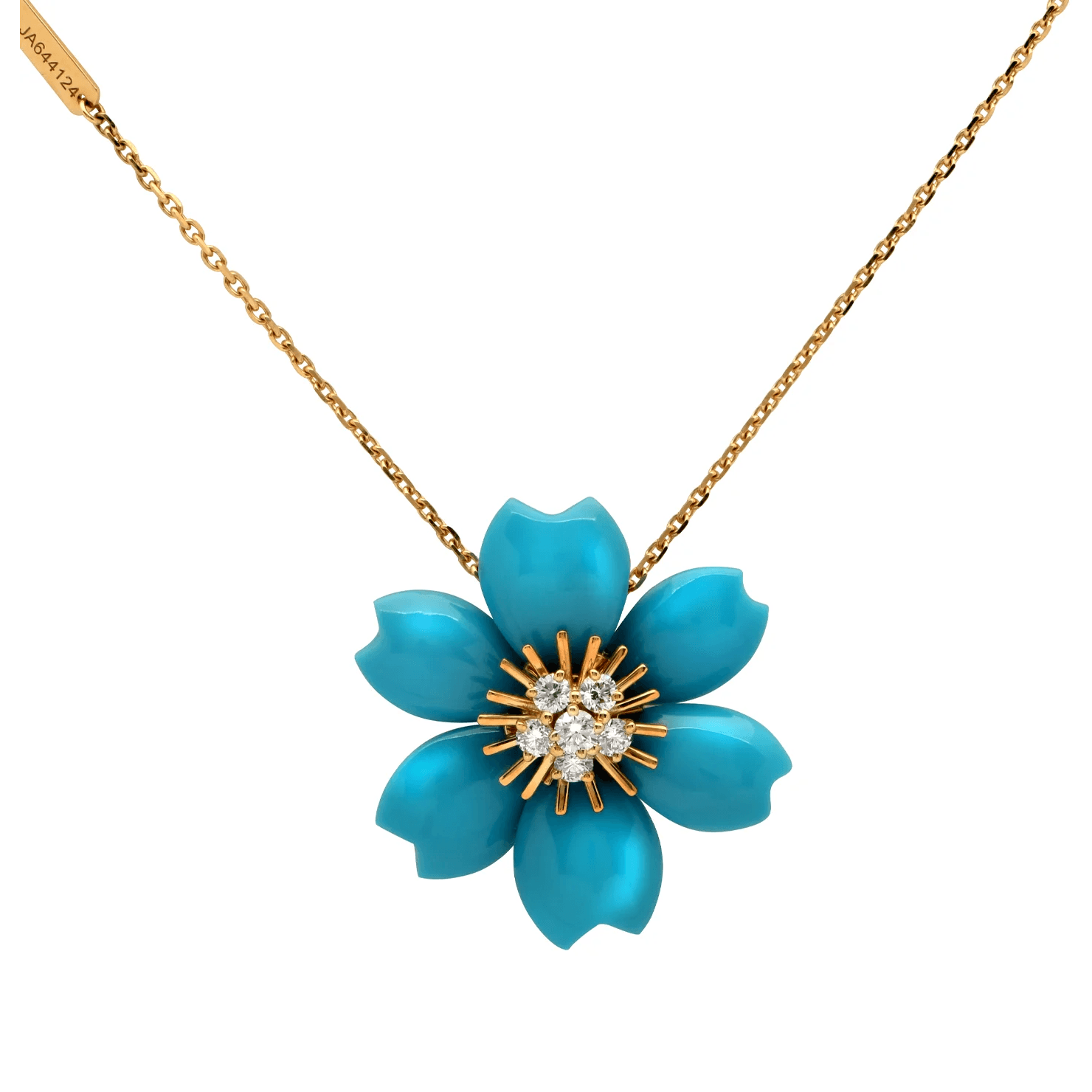 Van Cleef & Arpels Post-1980s 18KT Yellow Gold Turquoise & Diamond Rose de Noël Necklace front
