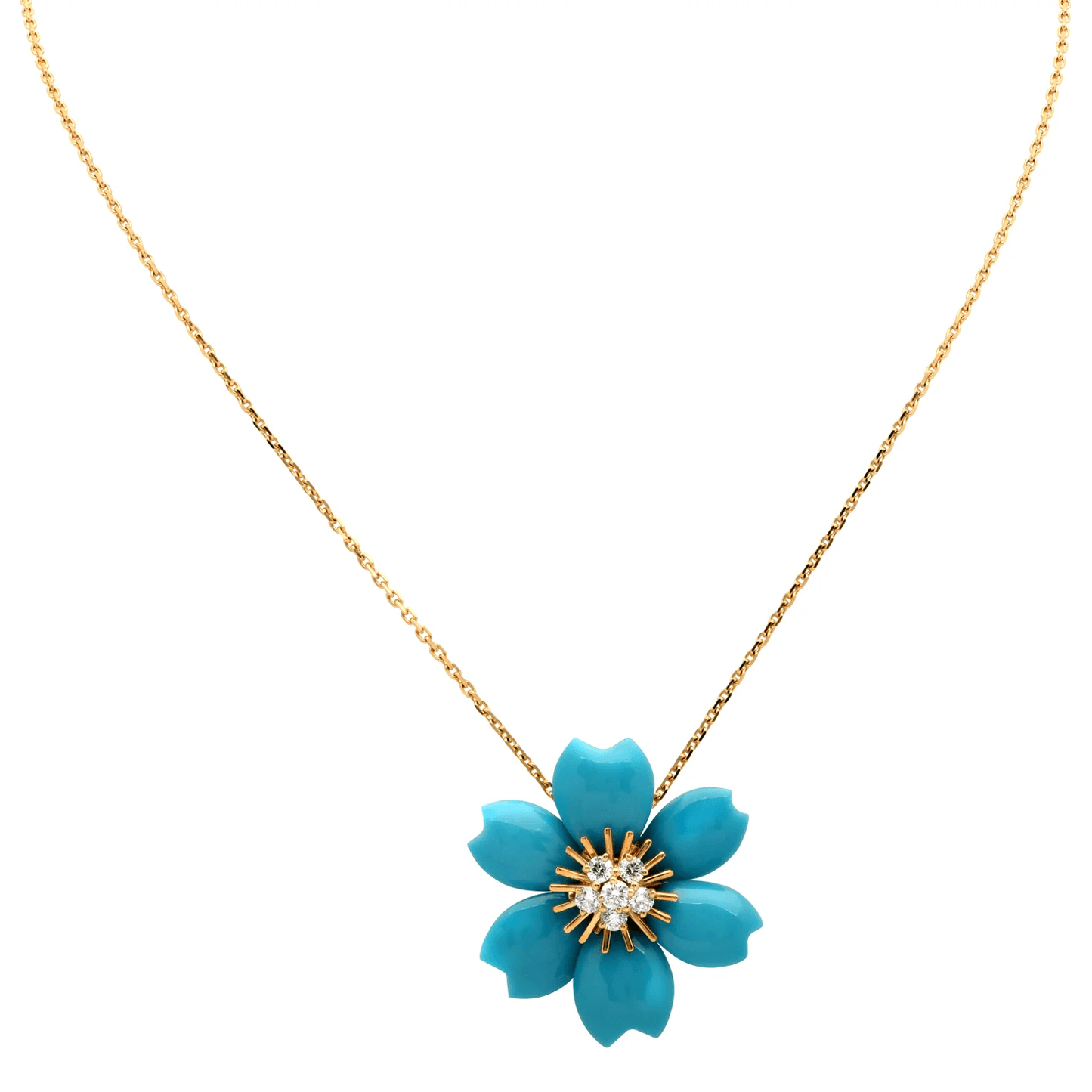 Van Cleef & Arpels Post-1980s 18KT Yellow Gold Turquoise & Diamond Rose de Noël Necklace front