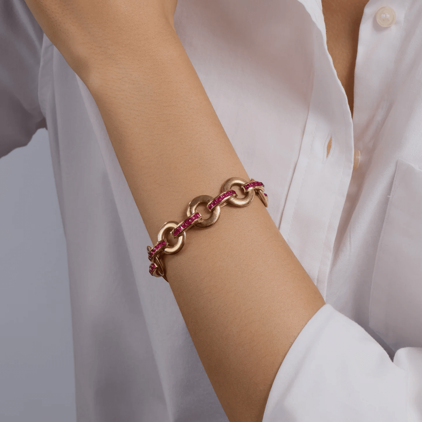 Cartier Paris Art Deco 18KT Yellow Gold Ruby Bracelet on wrist