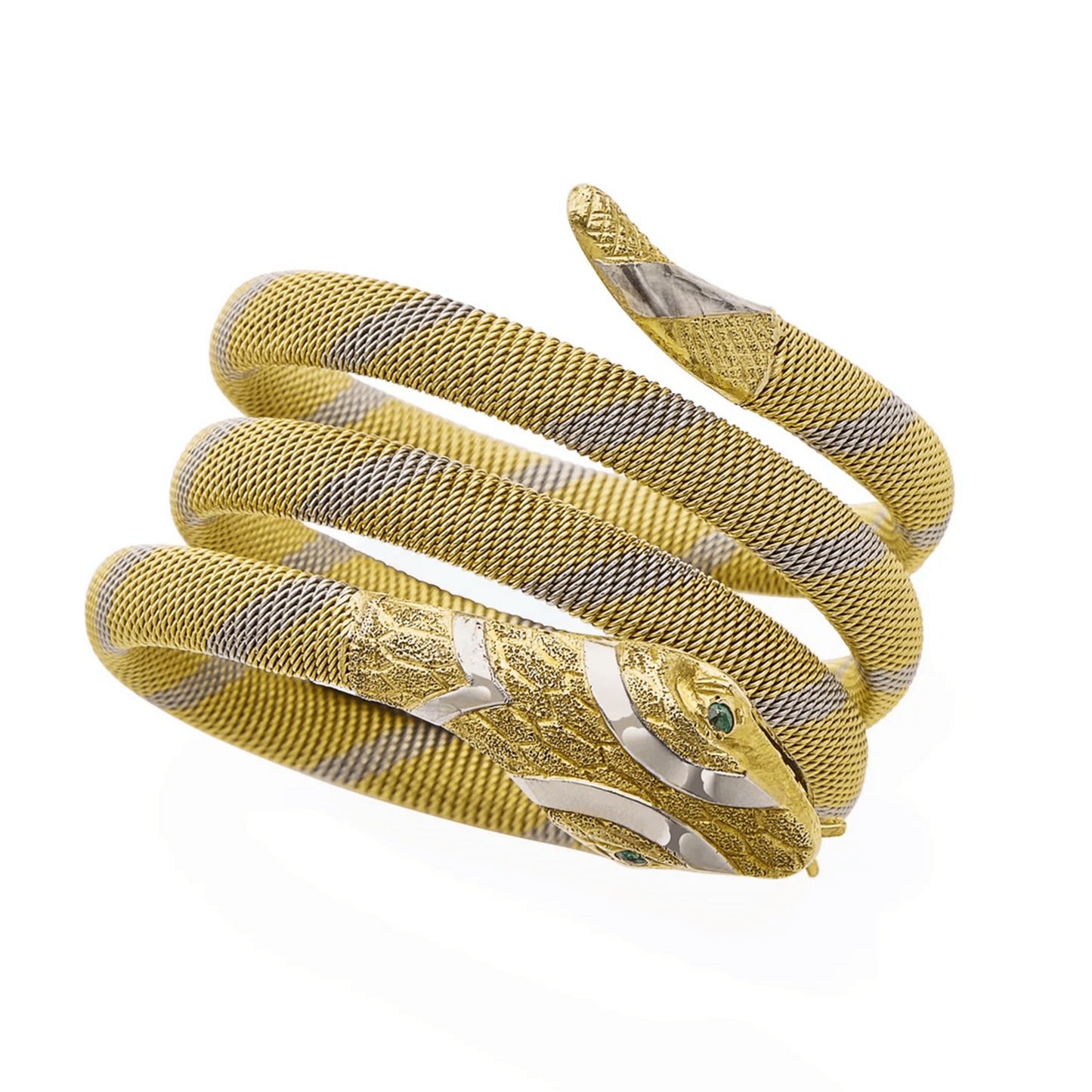 Victorian Platinum & 18KT Yellow Gold Emerald Snake Bracelet front