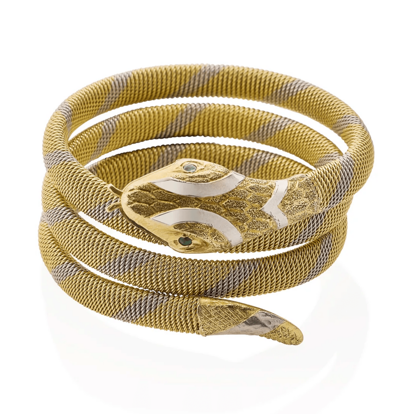 Victorian Platinum & 18KT Yellow Gold Emerald Snake Bracelet front