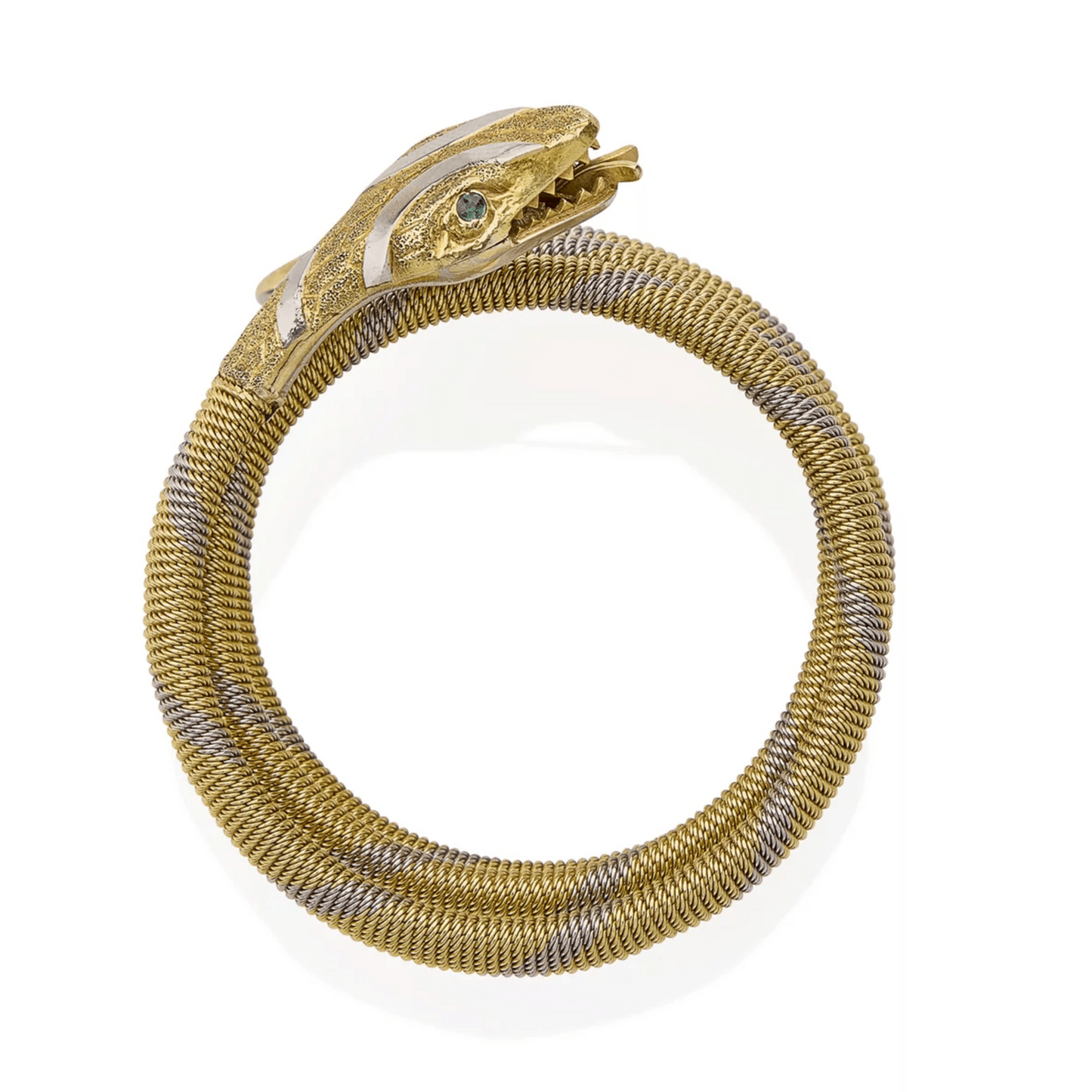 Victorian Platinum & 18KT Yellow Gold Emerald Snake Bracelet profile