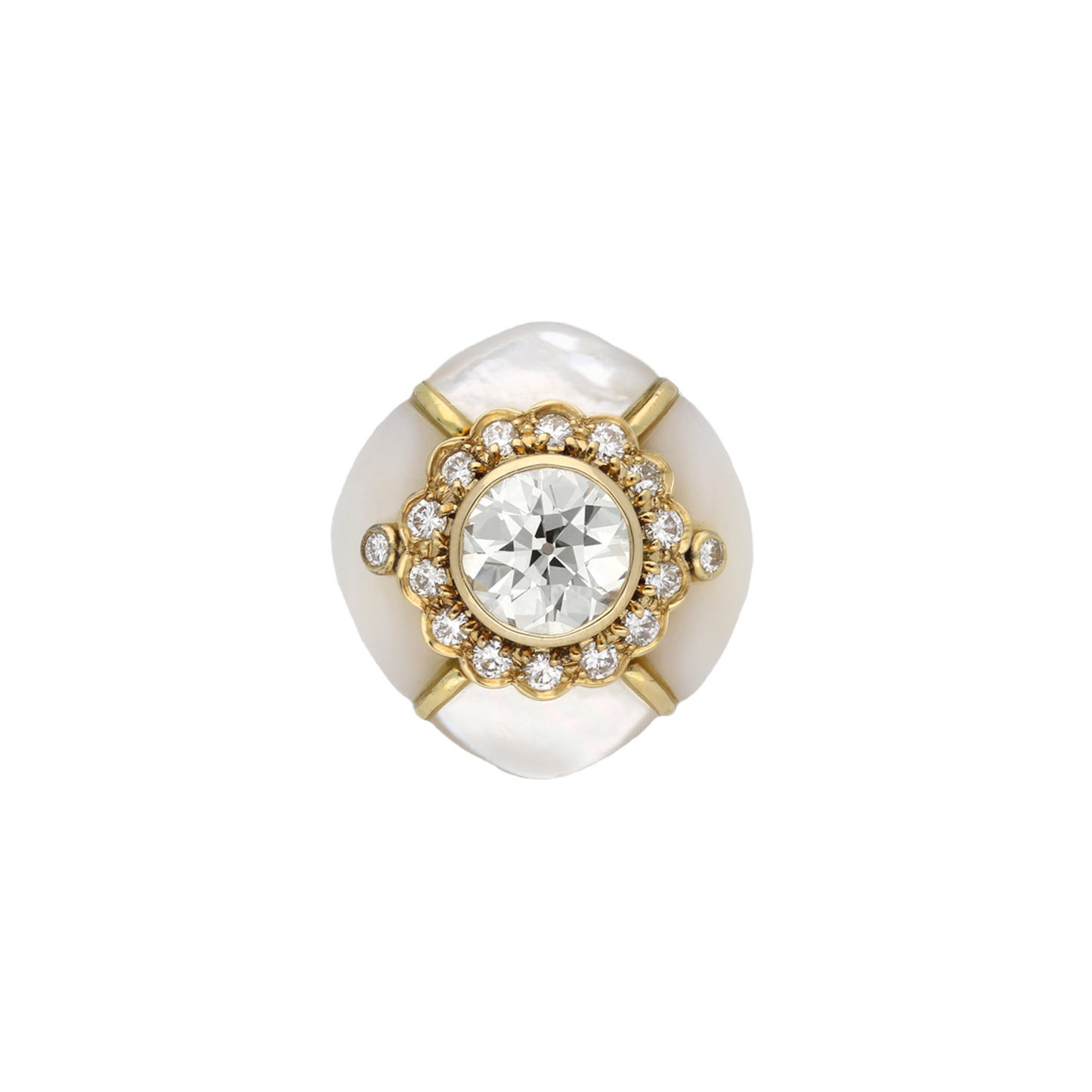 Fred French 1970s 18KT Yellow Gold Mother of Pearl & Diamond Ring front