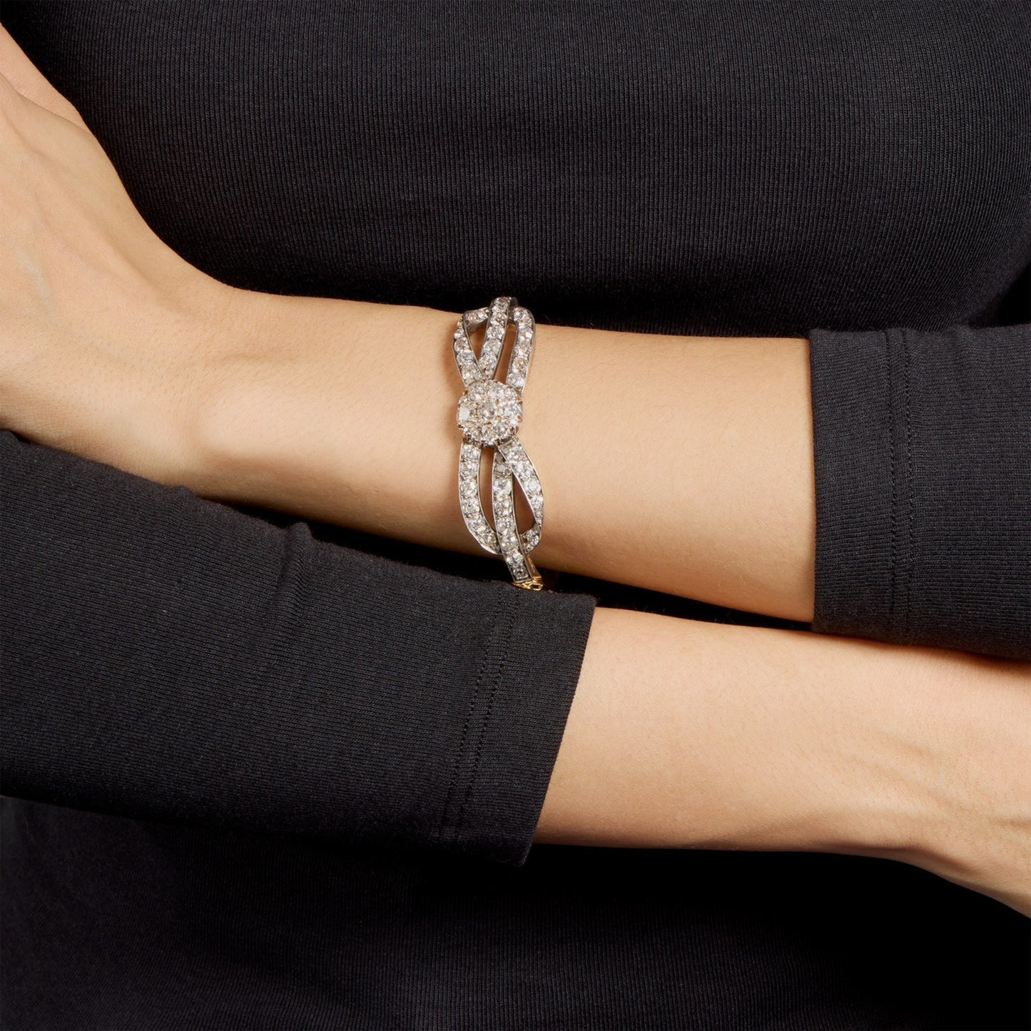 Victorian Silver & 18KT Yellow Gold Diamond Bracelet on wrist