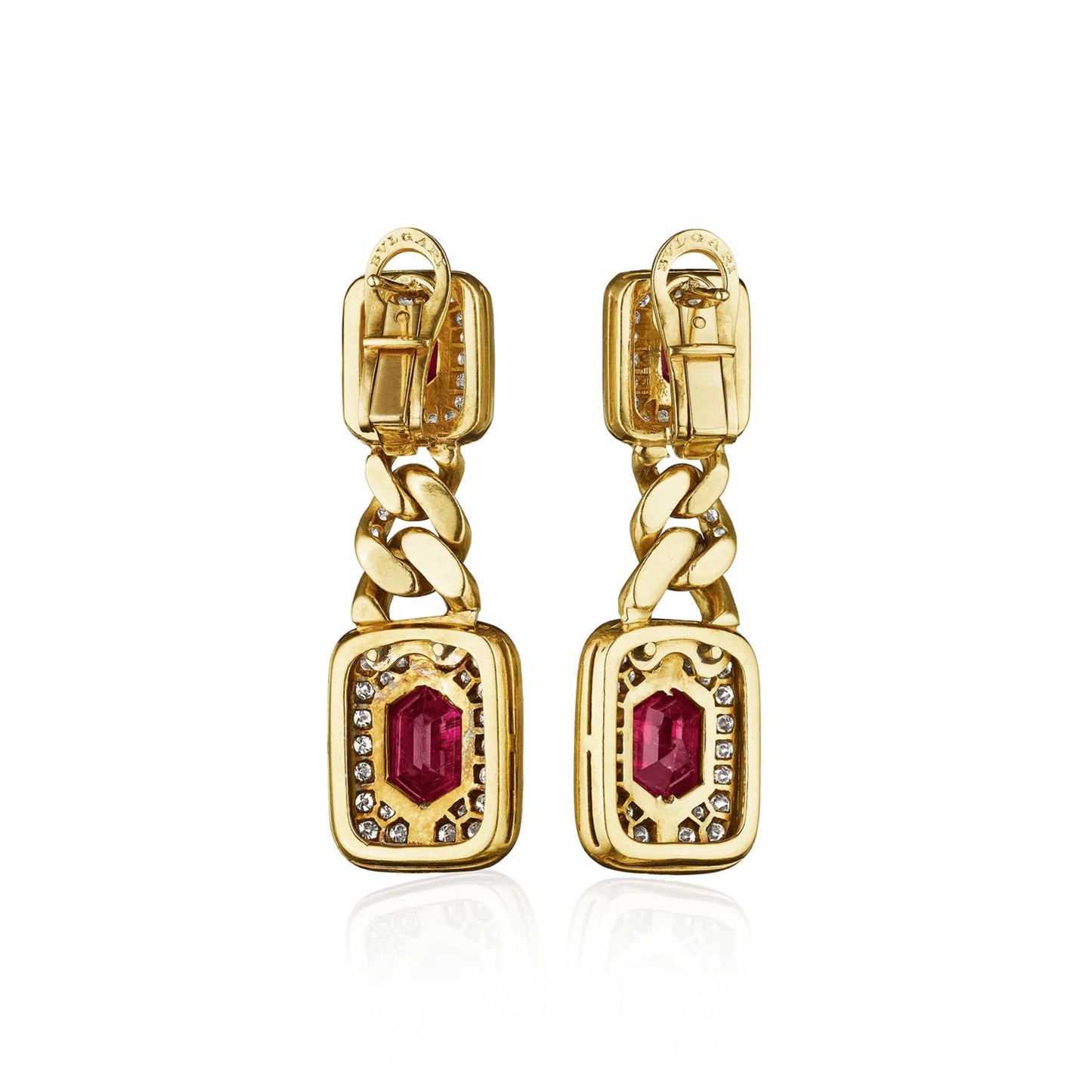 Bulgari Italy 1980s 18KT Yellow Gold Ruby & Diamond Earrings back