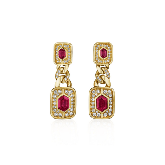 Bulgari Italy 1980s 18KT Yellow Gold Ruby & Diamond Earrings front