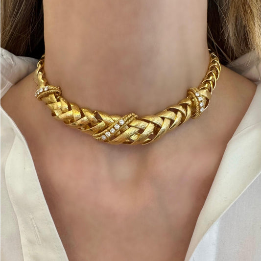 David Webb 1970s 18KT Yellow Gold Diamond Necklace on neck