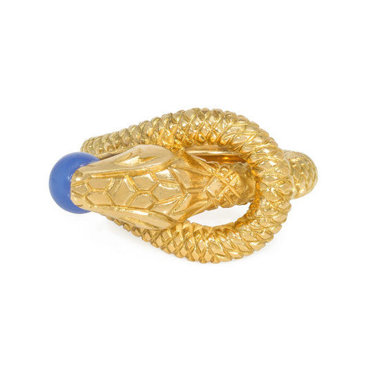French 1960s 18KT Yellow Gold Chalcedony Snake Ring top