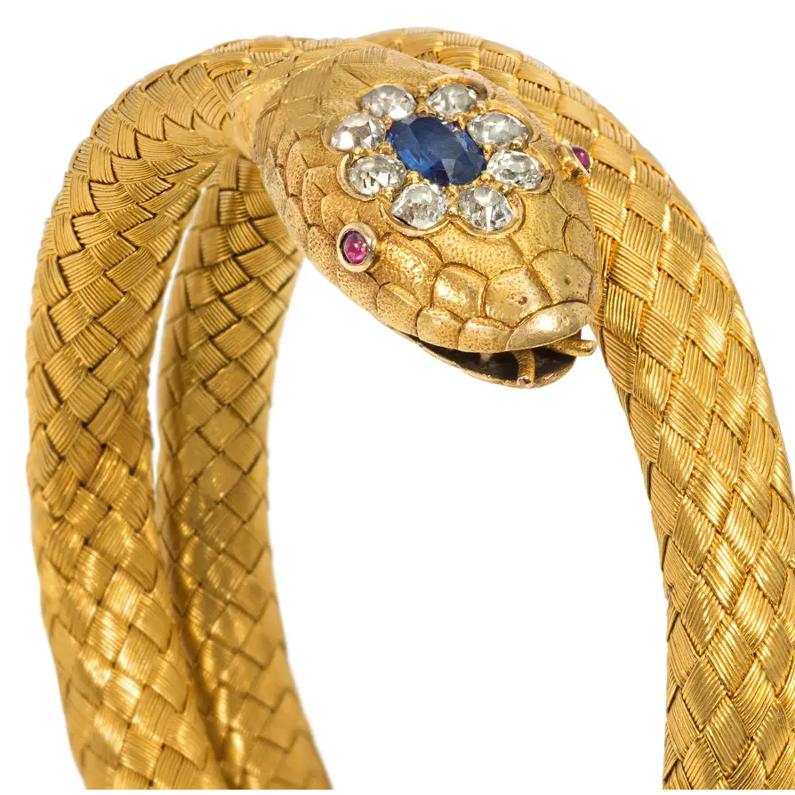 Victorian 22KT Yellow Gold Diamond, Ruby & Sapphire Snake Bracelet close-up details