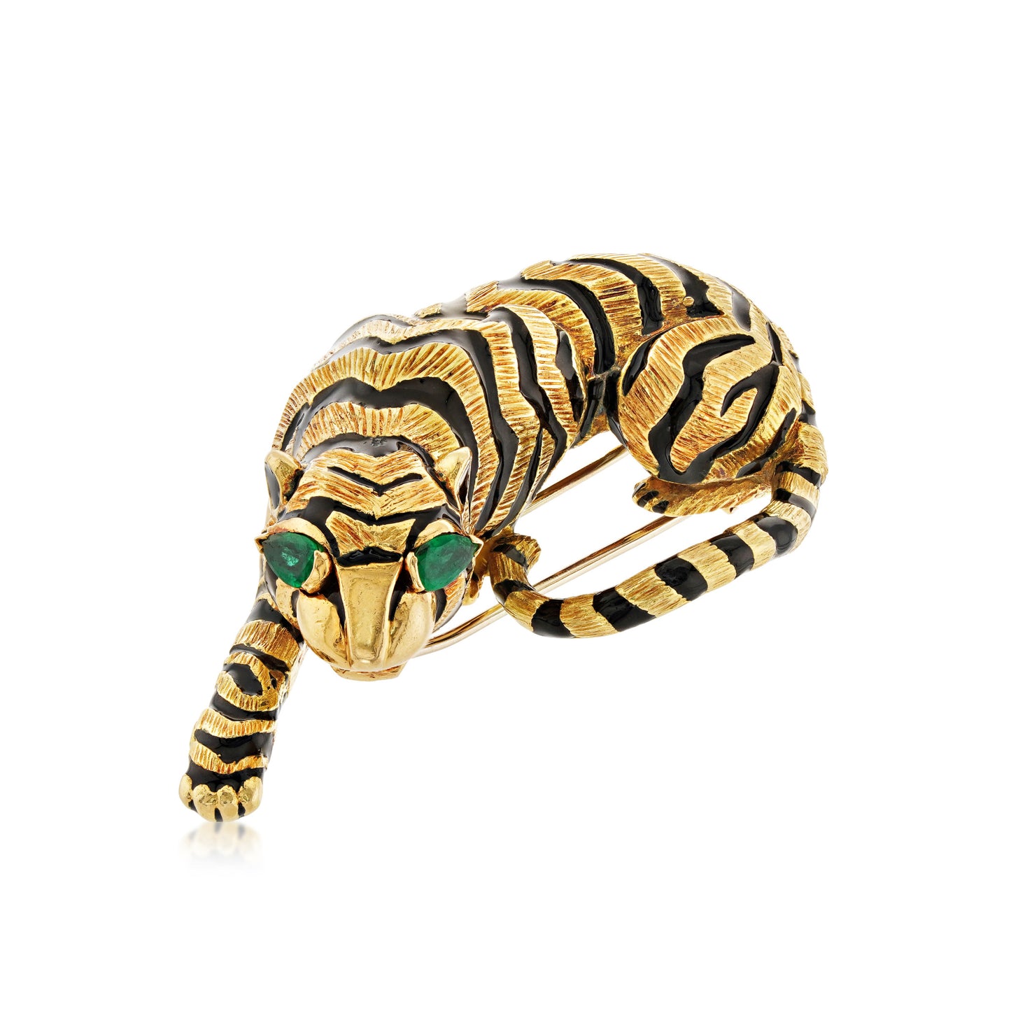 David Webb 1970s 18KT Yellow Gold Emerald & Enamel Tiger Brooch front