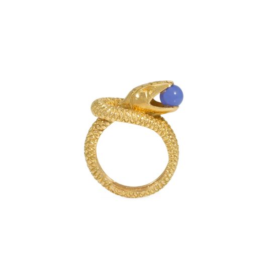 French 1960s 18KT Yellow Gold Chalcedony Snake Ring profile