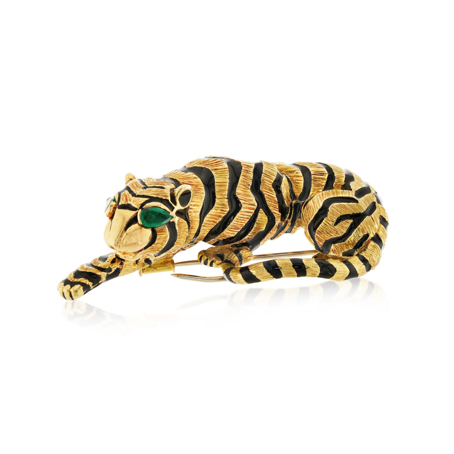 David Webb 1970s 18KT Yellow Gold Emerald & Enamel Tiger Brooch front